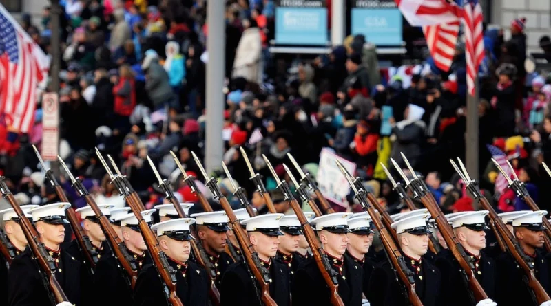 U.S. troops marching in formation during Trump military parade rehearsal
