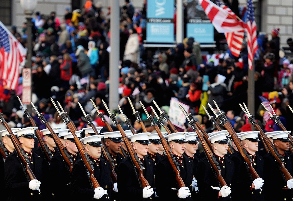 U.S. troops marching in formation during Trump military parade rehearsal