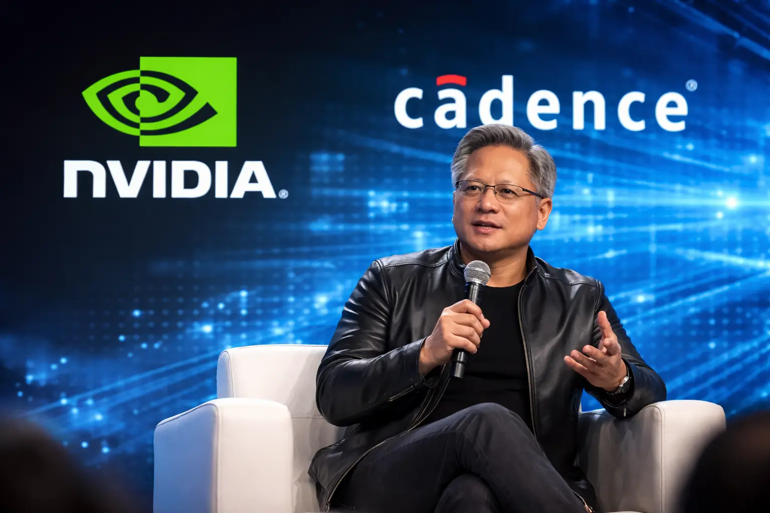 Jensen Huang speaking at conference with Nvidia and Cadence logos highlighting AI robotics partnership