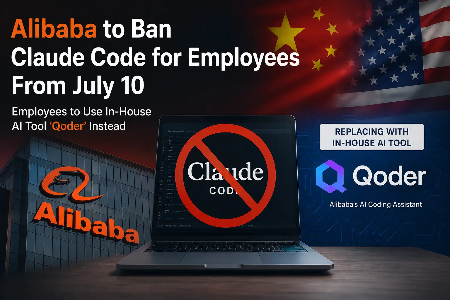 News graphic showing Alibaba replacing Anthropic's Claude Code with its in-house AI coding assistant Qoder as part of its reported employee software policy.