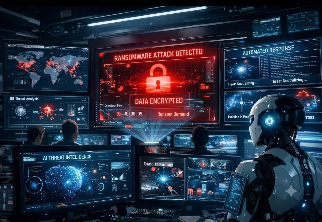 Illustration of the JadePuffer AI agent ransomware attack showing autonomous AI encrypting data and launching a cyberattack.