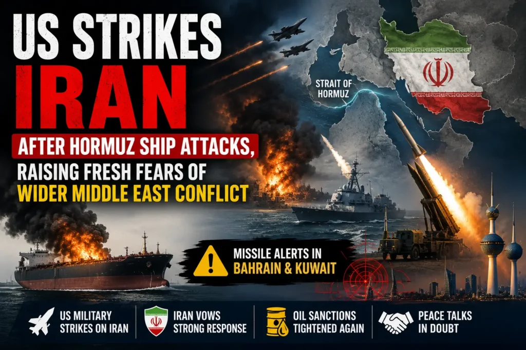 Military escalation in the Strait of Hormuz following US strikes on Iran and reported missile alerts in Bahrain and Kuwait.