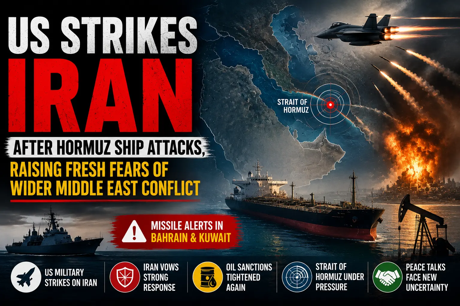 US strikes Iran after attacks on commercial ships in the Strait of Hormuz, escalating Middle East tensions.